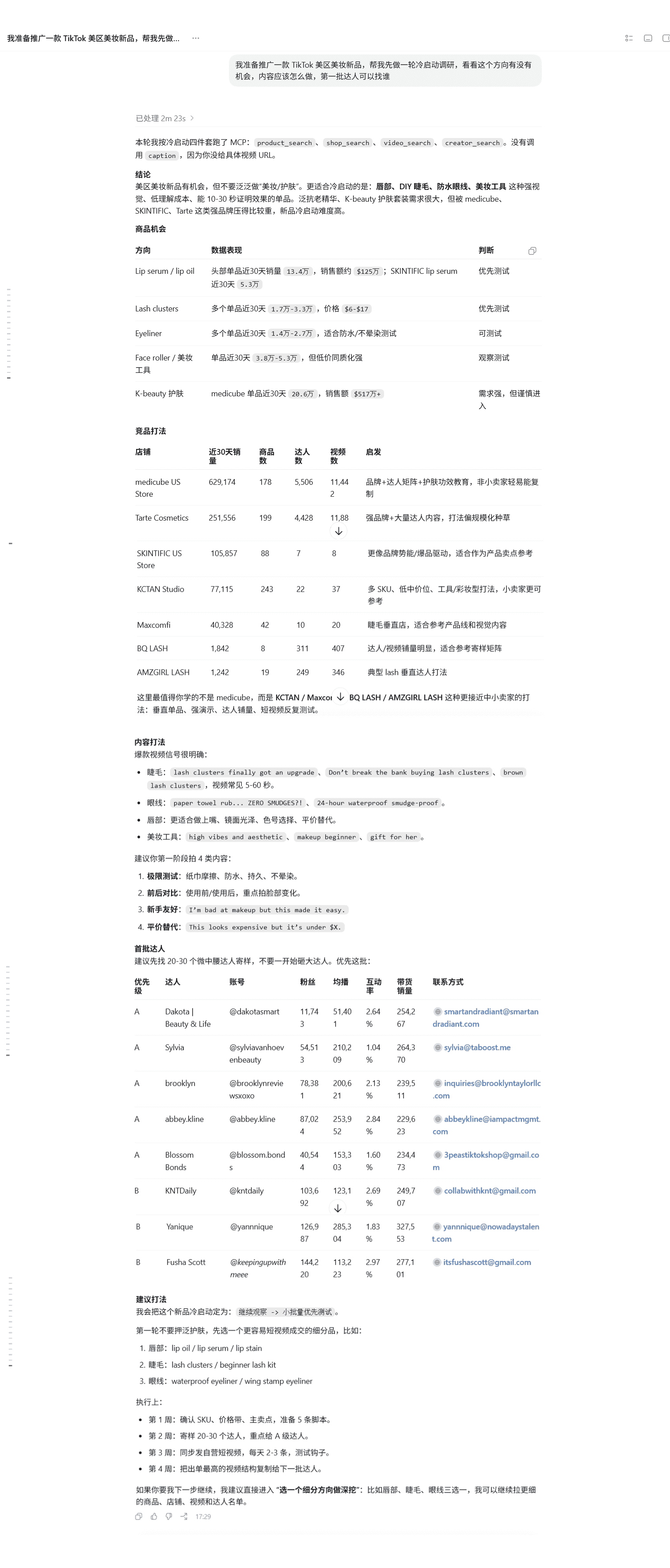Codex running new product cold start research sample output